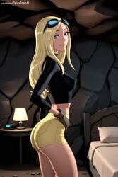 1girl ai_generated ass black_gloves blonde_hair blue_eyes breasts dc_comics eyewear_on_head gloves goggles goggles_on_head hand_on_hip hi_res high_quality high_resolution indoors jacket long_hair looking_at_viewer looking_back midriff patreon seductive sexy shorts sidelocks smile solo spicytoonai terra_(dc) uncensored watermark