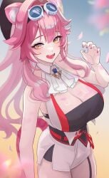 1girl akimoto8 animal_ear_fluff animal_ears black_garter_straps breasts cleavage commentary english_commentary eyewear_on_head garter_straps highres hololive hololive_english large_breasts long_hair open_mouth panther_ears panther_girl panther_tail pink_hair pink_nails raora_panthera raora_panthera_(1st_costume) single_garter_strap solo tail virtual_youtuber yellow_eyes