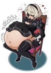 1girls blindfold breasts chair clothing female female_only hairband huge_belly hyper hyper_belly leheart8 nier nier:_automata short_hair siting thighhighs vore vore_belly white_background white_hair yorha_2b