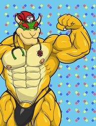 2019 4_fingers abs accessory anthro anthro_only barazoku biceps big_muscles bowser bulge clothing cock_ring doctor dr._bowser dr._mario_(series) drugs flexing genitals hair head_mirror hi_res horn jewelry koopa looking_at_viewer male male_only mario_(series) medical_instrument muscular muscular_anthro muscular_male nanbuskhan navel nintendo nipples pattern_background pecs penis penis_accessory penis_jewelry pills quads scalie scientific_instrument simple_background smile solo stethoscope thong underwear video_games