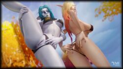 2girls 3d anus bikini blender blonde_hair blood_elf blood_knight_symbol blue-tinted_eyewear blue_hair blue_skin green_eyes night_elf panties_aside steamwheedle_symbol vagina vell(vellektra) vellektra world_of_warcraft