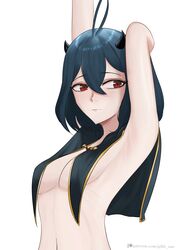 armpits black_clover black_hair cloak covered_nipples eye_bags female gibb_san horns light_skin looking_at_viewer red_eyes secre_swallowtail short_hair small_breasts solo stretching tired