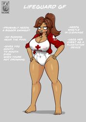 big_breasts breasts brown_hair brunette haloowl hourglass_figure ideal_gf lifeguard one-piece_swimsuit outerwear thick_thighs whistle wide_hips