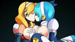 2girls alia android animated areola areolae armor blonde_hair blue_bodysuit blue_eyes blue_hair blush bodysuit breast_grab breasts capcom closed_eyes female grabbing grabbing_both_breasts grabbing_breasts kiss kissing lluanhyperzero mega_man mega_man_x mega_man_x_dive nipples no_sound reploid rico_(mega_man) robot_girl rockman rockman_x short_hair short_shorts tongue_out video yuri