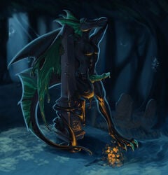 anthro black_body claws deegecamaro dragon flower genitals goo_creature graveyard green_claws green_eyes green_penis hi_res looking_at_viewer male male_only nyxt obelisk_(building) penis plant scalie solo tombstone