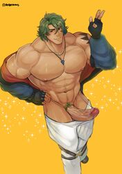 1boy abs alternate_pectoral_size bara dark-skinned_male dark_skin erection foot_out_of_frame green_hair highres jacket jewelry joe_(sk8_the_infinity) kojiro_nanjo large_pectorals large_penis looking_at_viewer male male_focus male_only male_pubic_hair medium_hair muscles muscular muscular_male navel navel_hair necklace nipples open_clothes open_jacket pants penis pubic_hair red_underwear robokeh sk8_the_infinity solo stomach uncensored underwear v white_pants