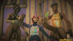 1girls 2futas 3d big_balls big_penis brite_bomber dark-skinned_futanari disco_diva female fortnite futa_on_female futanari handjob horsecock horsecock_futanari huge_balls huge_cock luxe_(fortnite) penis