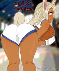 angry ass ball basketball bent_over big_ass bunny_ears bunny_tail dark-skinned_female dark_skin dat_ass dialogue female female_only gym gym_uniform junior_art_ lola_bunny lola_bunny_(cosplay) miruko my_hero_academia red_eyes rumi_usagiyama solo solo_focus space_jam tagme tail text white_hair