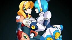 2girls alia android animated armor blonde_hair blue_bodysuit blue_eyes blue_hair blush bodysuit breast_grab breasts capcom closed_eyes double_breast_grab female grabbing grabbing_both_breasts grabbing_breasts kiss kissing large_ass lluanhyperzero mega_man mega_man_x mega_man_x_dive reploid rico_(mega_man) robot_girl rockman rockman_x short_hair short_shorts sound video yuri