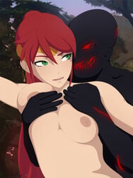 breast_grab breasts circlet completely_nude green_eyes grimm_(rwby) interspecies jewelry jewelry_only long_hair monster monster_on_female necromalock ponytail pyrrha_nikos red_hair rwby smiling torso_shot