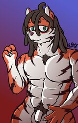 abs absurd_res animal_humanoid anthro balls body_hair brown_hair chest_hair chest_tuft claws digital_media_(artwork) dreadlocks felid felid_humanoid flaccid frooby fur genitals hair hi_res humanoid long_hair male mammal mammal_humanoid muscular muscular_male nude orange_body orange_fur pantherine pantherine_humanoid pecs penis pubes realistic_penis_size simple_background soft solo solo_focus striped_body striped_fur stripes tiger tiger_humanoid tired_eyes tuft white_body white_fur