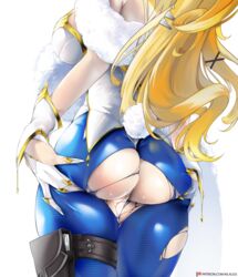 1girls absurd_res artoria_pendragon artoria_pendragon_(lancer) artoria_pendragon_(swimsuit_ruler) ass ass_support big_ass blonde_hair breasts bunny_ears bunny_tail fate/grand_order fate_(series) female female_only highres kilalesi large_breasts leggings partially_visible_vulva ponytail solo solo_female thick_thighs thigh_gap thighs torn_clothing torn_leggings white_background