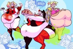 2020 3girls absurd_res bbw belly big_belly birds_of_prey blood burping cannibalism choker clothing dc dc_comics digestion eating fart fart_cloud farting female food footwear gore guro hair hand_on_belly handwear harley_quinn harley_quinn_(series) hi_res huge_belly inflation navel overweight overweight_female simple_background smile ssbbw stomach_bulge stomach_noises swallowing sweatpants_(artist) thick_thighs vore