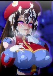 blush bukkake clothed_female cum cum_on_face cum_on_hair erect_nipples iris_(mega_man) licking licking_cum licking_lips mega_man mega_man_x mind_control nipple_bulge semikichi