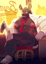 abs aggressive_retsuko alcohol anthro barefoot blush bulge cursedmarked drink drunk drunk_bubbles feet furry haida holding_object hyena jeans legs_crossed male male_only muscles muscular muscular_anthro muscular_male necktie nipples open_mouth pecs ripped_clothing sharp_teeth shirt sitting sitting_down sitting_on_stool smooth_fur solo tail tie torn_clothes torn_clothing unbuttoned_shirt