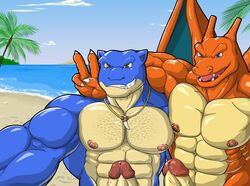 2020 abs anthro anthrofied beach blastoise body_hair charizard chest_hair duo erection genitals gesture hi_res humanoid_genitalia humanoid_penis jewelry looking_at_viewer male male/male muscular muscular_anthro muscular_male nanbuskhan necklace nintendo nipple_piercing nipples outside pecs penis piercing pokémon_(species) pokemon pokemon_(species) seaside selfie smile v_sign video_games wings