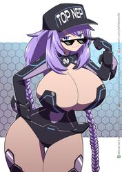 adjusting_eyewear adjusting_glasses big_breasts blue_eyes braids cleavage deal_with_it female hat huge_breasts kojiro-brushard looking_at_viewer looking_over_eyewear looking_over_glasses looking_over_sunglasses meme navel neptunia_(series) patreon purple_hair purple_heart_(neptunia) smug solo sunglasses thick thick_thighs tinted_eyewear voluptuous