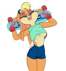 anthro big_breasts clothed clothing licking_lips lola_bunny looney_tunes midriff navel rabbit saran-rape simple_background skateboard space_jam standing tagme tongue tongue_out underboob warner_brothers white_background