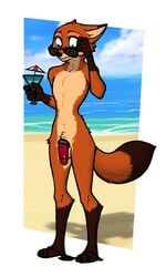 2021 anthro beach black_nose disney eyelashes fox furry furry_only glasses green_eyes looking_down luraioku luraiokun male male_only nick_wilde nude public public_nudity red_penis risenhentaidemon solo standing zootopia