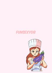 1girls apron chef_hat chichi comic dragon_ball dragon_ball_z dragon_ball_z:_kakarot eggplant female female_only funsexydragonball huge_breasts kooky_cook_(dragon_ball) milf naked_apron vegetable yuri