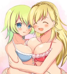 2girls bare_shoulders big_breasts blonde_hair blue_eyes breast_press breast_squeeze cleavage collarbone female_only fire_emblem fire_emblem_heroes fjorm_(fire_emblem) large_breasts lingerie long_hair miyako_(artist) miyako_(mongcocoa) multicolored_hair open_mouth open_smile sharena_(fire_emblem) short_hair smile yuri