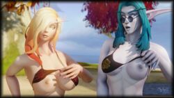 2girls bikini blonde_hair blood_elf blood_knight_symbol blue-tinted_eyewear blue_hair blue_skin green_eyes lifting_bra multiple_girls night_elf steamwheedle_symbol vell(vellektra) vellektra world_of_warcraft