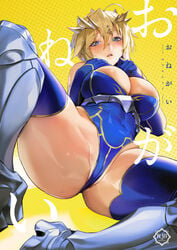 1girls absurdres ahoge artoria_pendragon artoria_pendragon_(lancer) bangs bare_shoulders big_breasts blonde_hair blush braid breasts cover crown curvy eyebrows_visible_through_hair fate/grand_order fate_(series) female female_only french_braid gloves greaves green_eyes groin hair_between_eyes hair_ornament highleg highres imp_(sksalfl132) large_breasts leotard long_hair looking_at_viewer open_mouth orange_maru sidelocks skin_tight solo solo_female spread_legs thick_thighs thighhighs voluptuous yellow_background