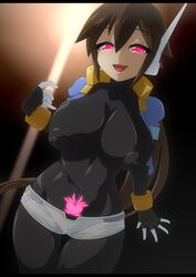 1girls aile big_breasts breasts brown_hair erect_nipples female female_only half-closed_eyes latex long_hair mega_man mega_man_zx mega_man_zx_advent mind_break mind_control nipples_visible_through_clothing ponytail semikichi tagme undressing voluptuous