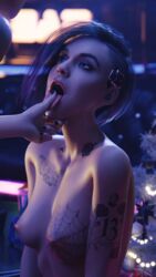 2021 2girls 3d cgi cyberpunk_2077 finger_in_mouth judy_alvarez painted_nails shaved_side tagme tattoos yuri