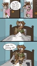 2boys anthro bedroom blush bottomwear canid canine canis cervid clothing comic darwin_(tinydeerguy) dialogue domestic_dog duo english_text erection green_clothing green_shirt green_topwear grey_bottomwear grey_clothing grey_pants hi_res inside light_switch male male_only mammal masturbation matt_riskely opening_door pants partially_clothed pillow pink_clothing pink_shirt pink_topwear shirt t-shirt text tinydeerguy topwear