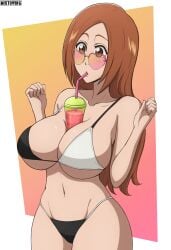 1girls alluring big_breasts bikini black_and_white_bikini bleach brown_hair cleavage inoue_orihime mistowing orange_hair sunglasses