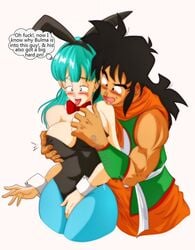 1boy 1girls ahe_gao blue_hair blush blushing bowtie breast_grab breasts bulma_(bunny) bulma_briefs bunny_ears bunnysuit canon_genderswap cleavage detached_collar dragon_ball edit female gender_transformation genderswap_(mtf) groping long_hair male nala1588 oolong oolong_(dragon_ball) shapeshifter shounen_jump thick_thighs tongue_out transformation wrist_cuffs yamcha