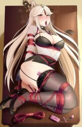 1girls bagelbomb bondage breasts choker female_only garter_straps genshin_impact ningguang_(genshin_impact) office rope rope_bondage tied vibrator