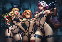 3girls a_nightmare_on_elm_street absurd_res armpits bishoujo_freddy bishoujo_freddy_krueger bishoujo_jason bishoujo_jason_voorhees bishoujo_terror blonde_hair bloody_hands bra breasts child's_play chucky clawed_gauntlet cleavage crossover curvy female female_focus female_only freddy_krueger friday_the_13th genderswap_(mtf) hair_over_one_eye hi_res hockey_mask jason_voorhees jessica_voorhees knife kotobukiya_bishoujo large_breasts lingerie medium_breasts multiple_girls neoartcore nightmare_on_elm_street orange_hair paid_reward panties patreon_reward purple_hair realistic redhead rule_63 thigh_gap underwear