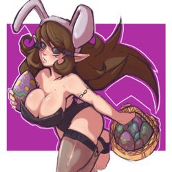 1girls barefoot basket big_breasts black_sclera breast_squish breasts bunny_ears bunnysuit charlotte_mors cleavage curvaceous curvy curvy_figure easter easter_egg elf elf_ears elf_female feet female female_only large_breasts leotard long_hair markings no_shoes oc original original_character pointy_ears simple_background sketch skindentation solo solo_focus stirrup_legwear tattoo thick_thighs tights toes