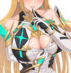 bare_shoulders blonde_hair blush breasts cleavage cleavage_cutout clothing_pull earrings eyes_out_of_frame finger_to_mouth gloves jewelry large_breasts light-skinned_female lips long_gloves long_hair mythra shoulders sssemiii super_smash_bros. super_smash_bros._ultimate tagme teasing white_dress white_skin xenoblade_(series) xenoblade_chronicles_2