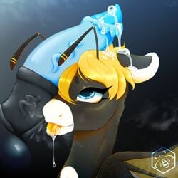 1:1 anthro arthropod balls bee black_body blonde_hair blue_eyes blue_penis bodily_fluids bumble_(bumblewish) bumblewish_(artist) cum cum_on_head duo equid equine female genital_fluids genitals hair hasbro hi_res horse hymenopteran insects male male/female mammal my_little_pony penis penis_on_head pony saliva tongue tongue_out white_muzzle wings