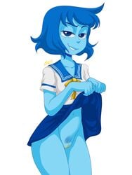 1girls alien alien_girl alien_humanoid alternate_costume blue_eyes blue_female blue_hair blue_skin cartoon_network exposed exposed_pussy female female_focus female_only gem_(species) lapis_lazuli_(gem) lapis_lazuli_(steven_universe) no_panties no_panties_under_skirt pubic_hair pussy sailor_uniform scamanderbianca school_uniform schoolgirl schoolgirl_uniform self_exposure short_blue_hair short_hair simple_background skirt skirt_lift steven_universe vagina white_background yellow_pussy