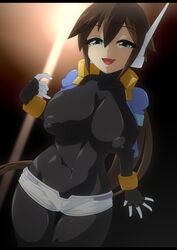 1girls aile big_breasts breasts brown_hair erect_nipples female female_only half-closed_eyes latex long_hair mega_man mega_man_zx mega_man_zx_advent nipples_visible_through_clothing ponytail semikichi tagme undressing voluptuous