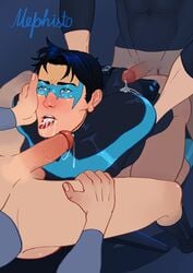 anal anal_sex bara batman batman_(series) bruce_wayne cum cum_in_mouth cum_inside dc dc_comics deepthroat dick_grayson gay jason_todd justice_league male male_only mephisto mephisto(artist) nightwing red_hood_(dc) yaoi