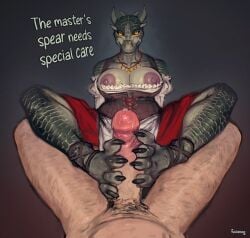 2026 anthro areola argonian bethesda_game_studios big_breasts bodily_fluids breasts claws clothing dialogue digital_media_(artwork) english_text feet female female_anthro female_on_human first_person_view foot_fetish foot_play footjob genital_fluids genitals hi_res horn human human_on_anthro interspecies looking_at_viewer male male/female male_human male_on_anthro mammal microsoft nipples non-mammal_breasts non-mammal_nipples penis precum reptile scales scalie sex simple_background skyrim talking_to_viewer text the_elder_scrolls toe_claws tussamag two-footed_footjob