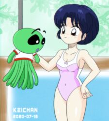 akane_tendo blue_hair brown_eyes keichan martian octopus one-piece_swimsuit ranma_1/2 small_breasts swimsuit