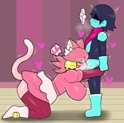 1boy 1girls 2d ass bent_over big_ass big_breasts blowjob blowjob_only breasts cat_ears cat_girl cat_humanoid cat_tail catgirl closed_eyes clothed clothed_female clothed_male clothing deltarune deltarune_chapter_5 dialogue embarrassed english_text female funny hair happy happy_female indoors kris_(deltarune) mad_mew_mew mew_mew_(undertale) pink_(deltarune) pink_hair source standing twitter_link undertale undertale_(series)