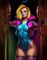 1girls blonde_hair blue_leotard blue_lipstick breasts cameltoe cd_projekt_red chromanticore_model clothed clothing cyberpunk_2077 female female_only jacket leotard mostly_clothed neck_tattoo pale_skin realistic shaved_side solo standing sugarspit tattoo thighhighs