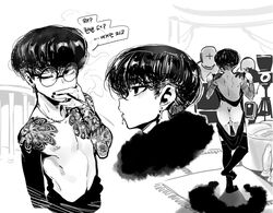 ass back back_view bead_necklace black_and_white black_hair bowl_cut cameras cigarette_smoke condom condoms dildo dildos doppel glasses korean_text male male_focus male_only modeling mole_under_eye photoshoot pierced_ears pierced_lip pierced_nipples piercing piercings posing round_glasses shading shadows smoke smoking tattoo tattoo_on_arms tattooed_arm tattoos thigh_highs tired_eyes