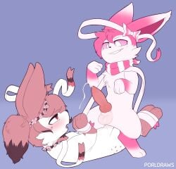 absurd_res bodily_fluids bound cum cum_inside duo eeveelution ejaculation fan_character feral generation_6_pokemon genital_fluids hair hi_res lyrasync male male/male nintendo pink_hair pokemon pokemon_(species) porldraws ribbons sylveon