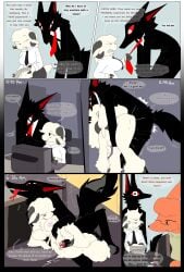 2d anthro black_fur comic company computer computer_keyboard computer_monitor computer_screen cum cum_on_thighs dialogue english english_dialogue english_text fur furry intersex interspecies looking_at_another morning night nighttime paper red_eyes sex sheep snappy_snaz straight straight_sex sweat sweatdrop sweating text threatening time timestamp white_fur wolf work_uniform