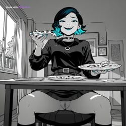 1girl ai_assisted ai_generated beautiful black_eyes blue_lipstick day dress general grayscale grin high_contrast highres holding_pizza indoors looking_at_viewer makeup marvel multicolored_hair nico_minoru no_nose open_mouth perfect_anatomy pussy sharp_teeth short_hair sitting sitting_on_chair slit_pupils smug socks teeth upskirt_view