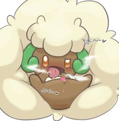 <3_censor amber_eyes blush bodily_fluids censored female furry genital_fluids genitals heart hi_res lying nintendo open_mouth poi_(artist) pokémon_(species) pokemon pussy pussy_juice saliva simple_background solo spread_legs spreading tongue tongue_out video_games whimsicott white_background