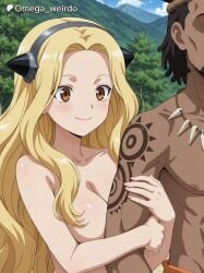 1girl 1girl1boy ai_generated arm_grab arm_hug big_breasts blonde_female blonde_hair blush brown_eyes dr.stone dr_stone faceless_male hairband hokutozai_minami hug husband_and_wife naked naked_female omega_weirdo outdoors patreon side_by_side submissive_female tall_male tribal tribal_clothing tribal_male tribal_markings tribal_tattoo tribal_tattoos tribe tribesman village
